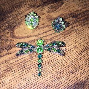 3 pc set rings and hair clip green rhinestones